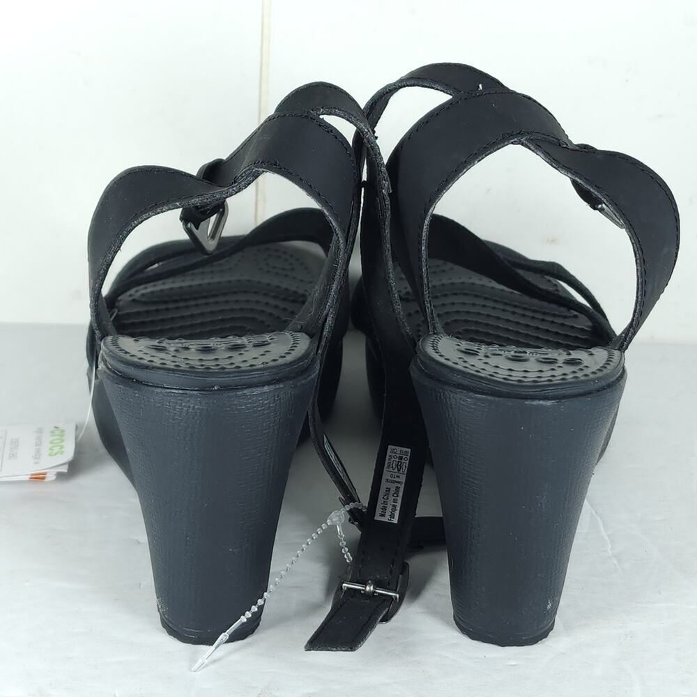 Crocs Women's Leigh II US 10 Black Canvas Ankle Strap Wedge Comfort Sandals NWT - Picture 11 of 16
